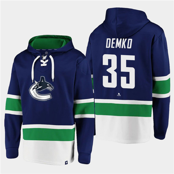 Men's Vancouver Canucks #35 Thatcher Demko Blue All Stitched Sweatshirt Hoodie - Click Image to Close